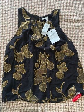 Joie Black Tank Top with Metallic Gold Floral Accents